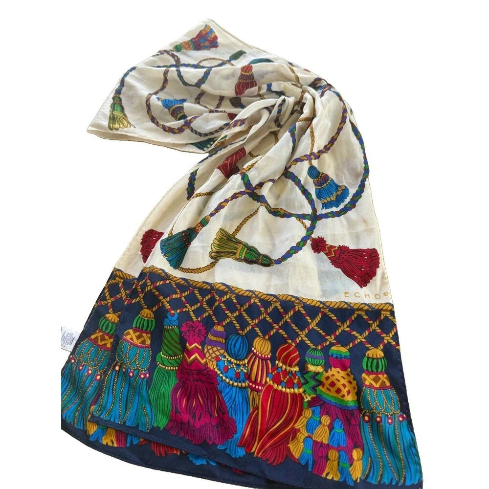 Echo Womens Silk Rectangle Tassel Rope Printed Scarf White Multi 57” X 11” EUC
